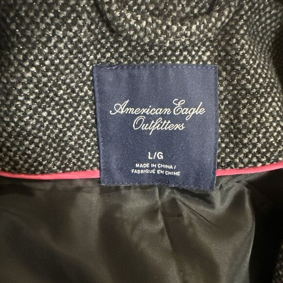 American Eagle Gray Black Silver Tweed Blazer Wool Blend Velvet Collar Sz L - Picture 13 of 13